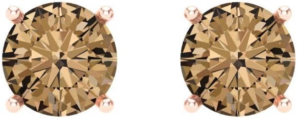 14K Rose Gold Simulated Champagne Diamond Stud Earrings with Screw back - Hypoallergenic, 1 cttw - Minimalist Women's Fine Jewelry - Image 3