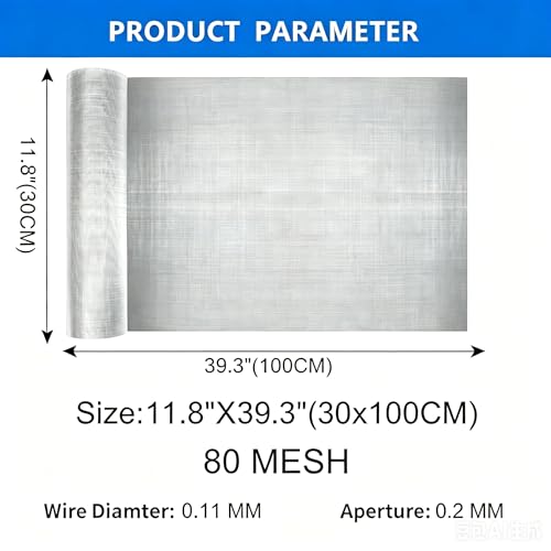 Image of 80 Mesh 304 Stainless Steel Mesh Roll, 0.1mm Ultra Fine Wire Screen 30x100cm, Rustproof Metal Mesh for Filter Screen, Air Vent, HVAC, Kitchen Filtration, Garden & DIY Projects