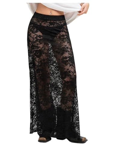 GORGLITTER Women's Lace Goth Bodycon Maxi Skirts Y2K High Waisted Sheer See Through Gothic Long Skirts