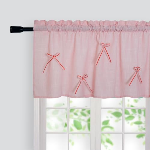 Siyykay Handmade Bow Valance, Cotton Blend Pink Valances for Windows, Curtains for Girls Bedroom and Living Room, W52XL18inch(Pink Bow)