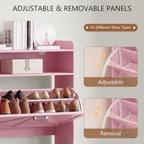Image of Xixini Shoe Storage Cabinet with 2 Flip Drawers, Entryway Shoe Rack, Pink