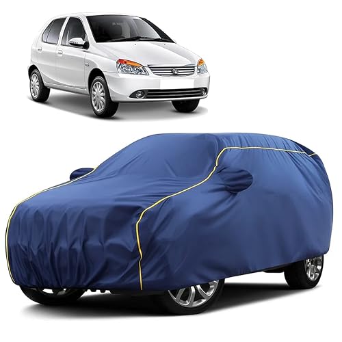 Image of Sulfar 100% Water Resistant Car Body Cover Compatible with Mirror for Tata Indigo (Triple Stitched, Full Bottom Elastic, Blue Taffeta with Yellow Piping)
