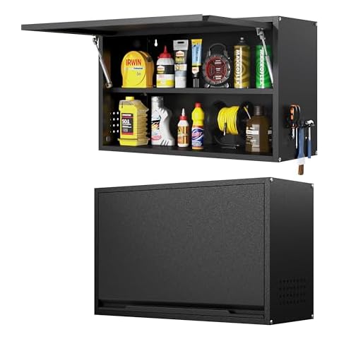 Kooyon Metal Wall Cabinet with Up-flip Door,Metal Wall Storage Cabinet with Adjustable Shelf,Wall Mounted Tool Cabinets with Pegboard for Garage,Basement,Home Office, Kitchen,Warehouse-Black Cover