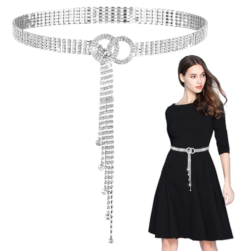 JIEYAO Rhinestone Waist Belt for Women, Adjustable Silver Waist Chain Belt Crystal Bling Belt Diamond O-Ring Waistband4