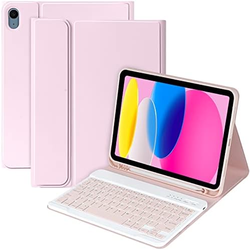 MMK iPad Case with Keyboard for iPad 10th Generation 10.9" 2022, iPad Keyboard Case for 10th Generation (A2757/A2777/A2696), iPad Case with Detachable Bluetooth Keyboard & Pencil Holder (Pink)