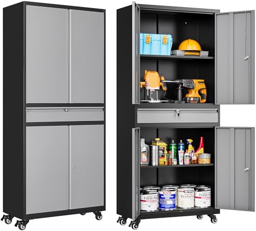 Metal Garage Storage Cabinet with Wheels and Drawer,Gray Rolling Garage Cabinet with Locking Doors and Adjustable Shelves,73" Tall Mobile Metal Storage Cabinets on Wheels for Home,Office,Garages,Tool