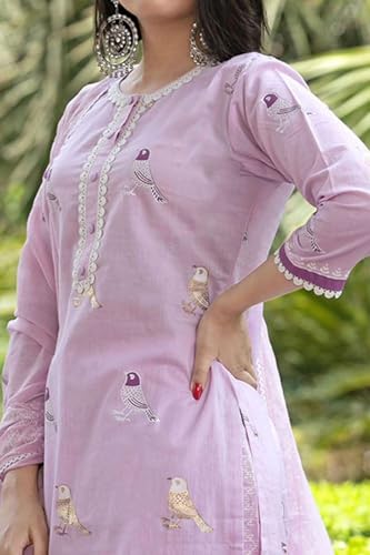 Image of Women's Cotton Embroidered Straight Kurti with pant and Dupatta Set