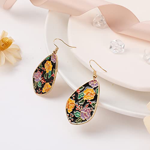 Bohemian Drop Flower Earrings For Women Colorful Floral Pattern Epoxy Resin Tie Dye Lightweight Elegant Vintage Teardrop Dangle Earrings Boho Statement Earrings Jewelry Gift For Girls, Black #TOP3
