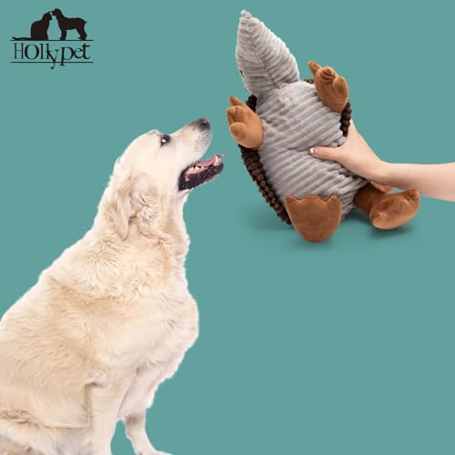 Image of Hollypet Plush Dog Squeaky Toy Stuffed Armadillo Animal Pet Puppy Chew Toys with Clean Teeth for Small Medium Large All Breed Sizes Dogs, Brown, 14 in