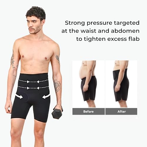 Image of High Compression Shorts for Men | Shapewear & Tummy Tucker Body Shaper with 4-Way Stretch Fabric, Anti-Roll Waistband | Slim Belly, Waist & Thighs - Invisible Under Jeans, Trousers, Kurtas