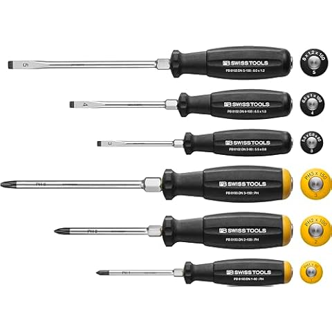 PB Swiss Tools Phillips and Slotted Screwdriver Set PB 8249.DN | 100% Swiss Made | 6-piece Screwdriver Set with going-through Blade for Effective Transfer of Energy - Bulls Eye Effect Cover