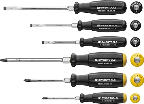PB Swiss Tools Phillips Slotted Screwdriver Set PB 8249.DN | 100% Swiss Made | 6-Piece SwissGrip Screwdriver Set with Continuous Blade Size PH 1/2/3 Slotted 3/4/5