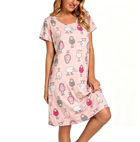 Image of Dreamskull Nightdress for Ladies Women Short Sleeve Nightie Loose Nightshirt Cartoon Stely Nightgowns Home T-Shirt Dress