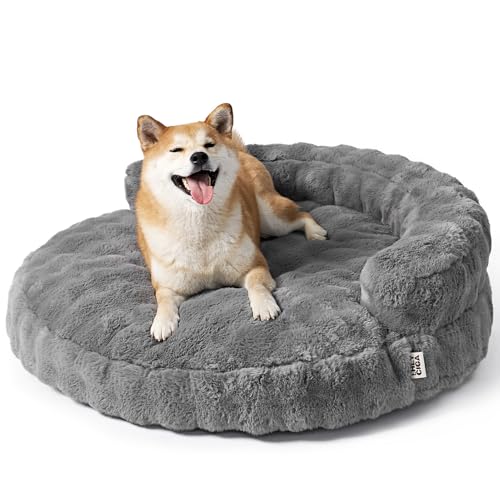 EHEYCIGA Soft Dog Couch Bed for Large Dog, Fluffy Medium Dog Bed with Removable Washable Cover, Bolster Pet Sofa, Waterproof and Non-Slip, 36" x 36"x 9", Grey