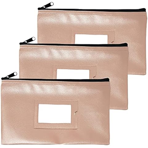 Money Bank Deposit Bag with Zipper | 11x6 inch | Rose Gold | Durable Leatherette Money Cash Coin Check Wallet Pouch for Men & Women with Framed ID Window and Blank Card | by GIDABRAND (3) Cover