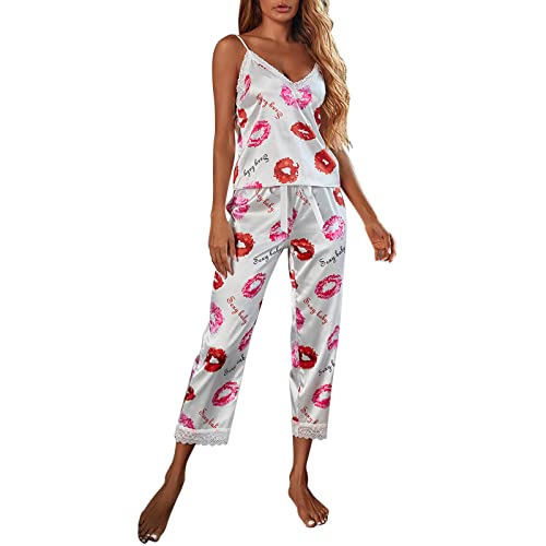 Womens Pajamas Set Soft Lounge Sets Sexy Lace Print Sleepwear Pjs Fall Pajamas Women White #TOP29