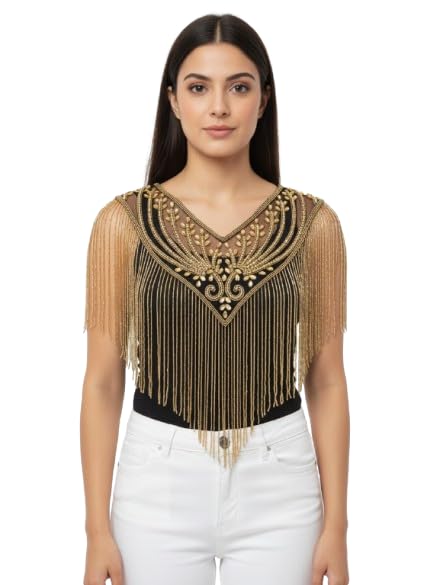 Liva Women's Net Poucho Cape Shrug with Hand Embroidery, Elegant Design, Free Size, Scalloped Hem (in, Alpha, Free Size, Regular) Black Gold-image-47