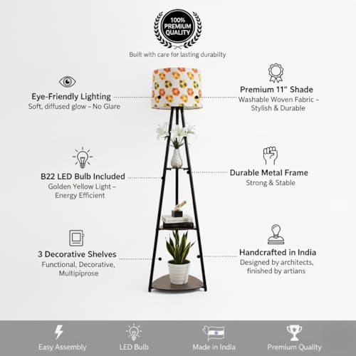 Image of Tripod Metal Floor Lamp with Shelves Stylish Standing Lamp for Living Room Decoration Bedroom Corner Stand Aesthetic Home Decor LED Bulb Included Retro Flower