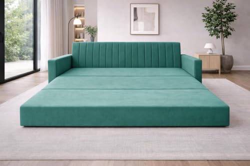 Image of Rosebell Foldable Sofa-Cum-Bed | Three-in-One Convertible Couch with Armrest | Modern Fabric Sofa for Living Room, Bedroom & Office - Green Color