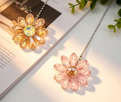 Image of Crystal Ceiling Fan Pull Chain Colorful Hanging Sunflower Set, 2 Pcs 24 inch Glass Pendants with Chain Connector(Orange and Pink)