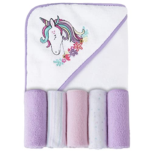 Image of Viviland Baby Towels and Washcloths, Soft Absorbent Purple Baby Bath Towel Set, Unicorn Hooded Towels with 5 Infant Face Washcloths (6 Pieces)