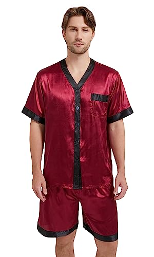 Men's Satin Silk Pajamas Set Short Sleeve Tops with Shorts V Neck Button Down Sleepwear 2 Pieces Loungewear