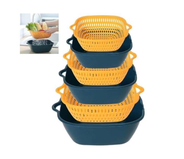 Image of 6-Piece Nesting Colander Basket Set - Space-Saving Square Plastic Strainers for Kitchen Use - Multi-Size Drain Baskets for Washing Fruits, Vegetables, Pasta - BPA-Free (Blue & Yellow)