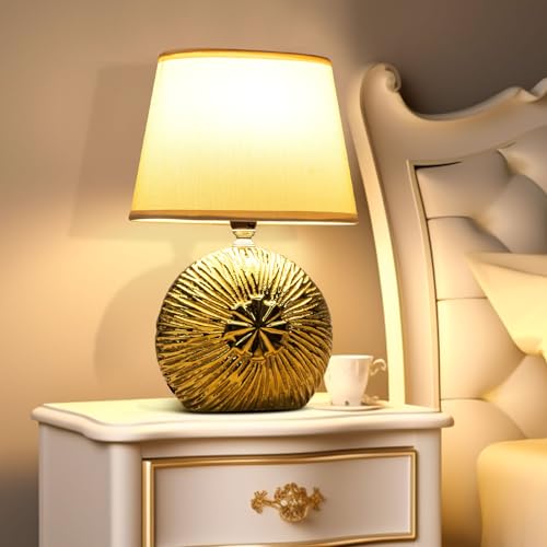 Aigostar Lampara de Mesa de Cerámica, Vintage Lámpara de Mesita de Noche con Pantalla de Tela, Casquillo E14, max.40W, Luz de Noche, Lámpara de Sobremesa para Dormitorio, Salón (sin Bombilla) -H302mm