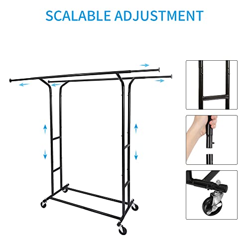Fishat Heavy Duty Double Rod Clothing Garment Rack For Hanging Clothes, Commercial Metal Rolling Clothes Organizer On Lockable Wheels For Men Coats, Dresses, Dorm Bedroom Home Balcony (Black) #TOP6