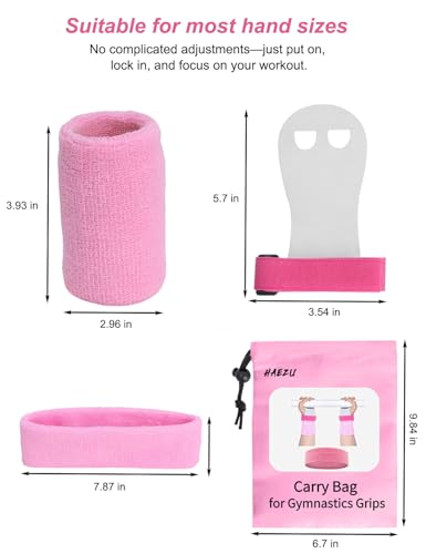 HAEZU Pink Gymnastics Hand Grips for Grils,6Pcs Gymnastics Bar Accessories - Including 2 Gymnastics Grips Gloves,2 Sports Wristbands,1 Sweat Headbands,1 Drawstring Bags