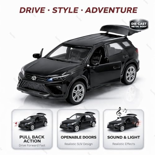 Image of 1:36 Scale Fortuner Toy Car - Toyota Die-Cast Mini Metal Pull Back SUV with Openable Doors, Lights & Music - Alloy Model Vehicle for Kids, Boys & Collectors【Black】