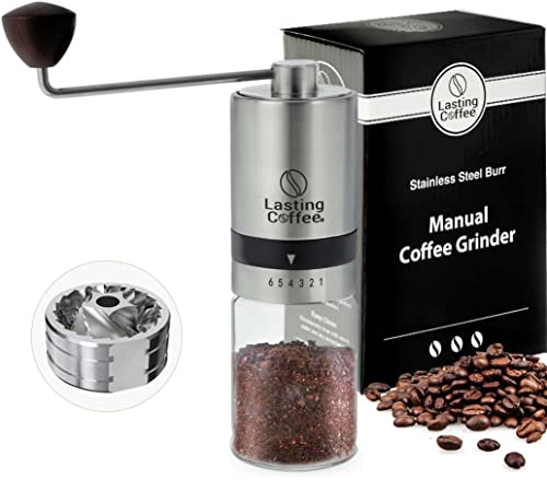 Lasting Coffee Manual Coffee Grinder with Stainless Steel Burr | Premium Conical Whole Bean Hand Mill with Adjustable Settings | Portable Hand Crank Grinder