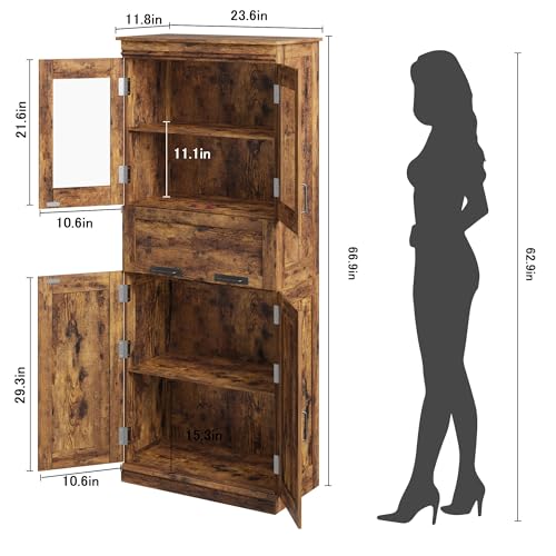 GAOMON 67" Tall Bathroom Cabinet with 4 Doors & Flip Glass Drawer, Storage Cabinet with Adjustable Shelves, Freestanding Organizer for Kitchen, Pantry, Living Room (Rustic Brown)