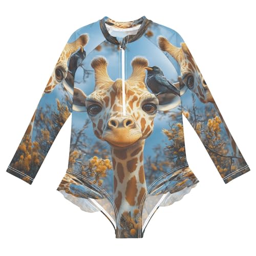 senya Toddler Girl Long Sleeve Ruffle Swimsuit One Piece Zipper Rash Guard Bathing Suit with UPF 50+ Giraffe