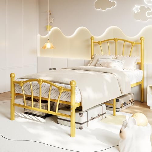 Image of GAOMON Twin Size Metal Bed Frame, Twin Bed Frames for Girls Boys, Twin Heavy-Duty Platform Bed with Heart-Shaped Design Headboard&Footboard, No Box Spring Needed /Noise-Free /Easy Assembly, Gold