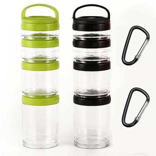 Manwetye 2PCS Stackable Snack Container and Protein Powder Shaker Cup, Portable Keychain with Twist Lock System, Leak-proof for School, Travel, Workout Fitness (Black, Green) Small size