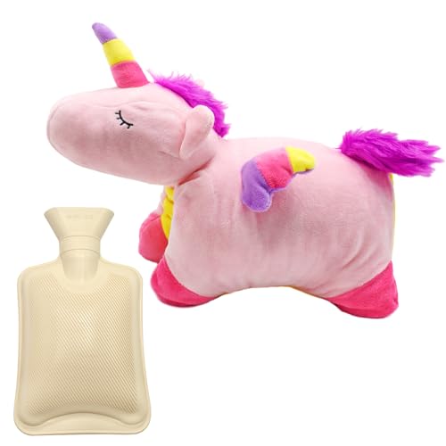 Cyiecweu Wärmflasche mit Bezug Fluffy Tier, 1L Abnehmbar und Waschbar Einhorn Wärmflasche Kuscheltier zur Behandlung von Schmerzen Fieber, Plüsch Handwärmer für Kinder, Unicorn Weihnachtsgeschenke