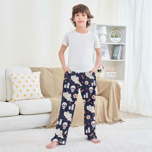 Boys' Pants Halloween Pumpkin Ghost Skull Web Candy Bat Long Bottoms Elastic Waist Trousers with Pockets S-XL3