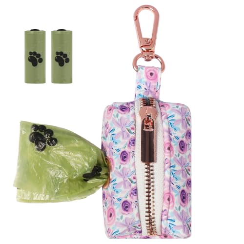 Image of ARING PET Floral Dog Poop Bag Holder, Cotton Puppy Purple Rose Waste Bag Dispenser Attach to Any Leashes, Portable Washable Pet Waste Pouch Holder with Two Rolls of Bags