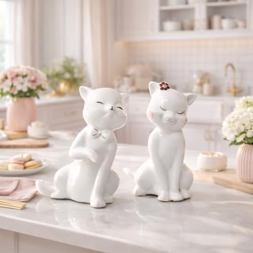 Image of Xtore Charming Ceramic Cat Couple Figurines for Home Decor | Minimalist Cute Showpieces for Living Room, Bedroom, Shelf & Gifting (White, 14 cm, Set of 2)