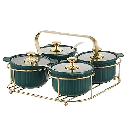 MYUYEE Tarro de Cristal Juego de condimentos Ligeros de Lujo con Soporte de Hierro Organizador de Especias con Tapa y Cuchara 4 Cajas para condimentos Tarro para,Verde Oscuro