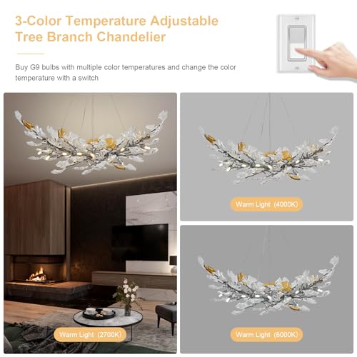 Image of Modern Chandeliers for Dining Room，AioTio L47.2''Long Unique Glass Ginkgo Leaf Dining Chandeliers Over Table,Large Rectangle Tree Branch Ceiling Hanging Black Chandelier for Living Room,Kitchen Island