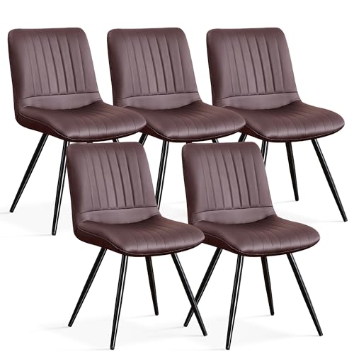 Image of Dining Chairs Set of 5, Modern Dining Chairs with Thick Cushions, PU Leather Upholstered Kitchen Dining Room Chairs with Metal Legs for Dining Living Room (Dark Brown)