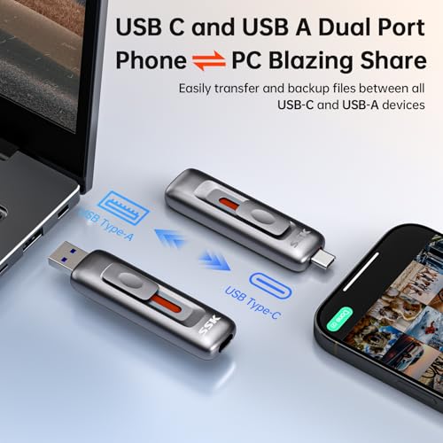 Image of SSK 256GB Flash Drive SSD External, Push-Pull USB Drive up to 1000MB /s Dual Head, Thumb Drive-USB SSD Memory Stick for iPhone 15 /16 /17, Android, Tablet, Win& Mac Zinc Alloy