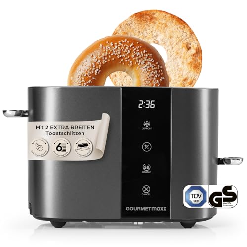 GOURMETmaxx Toaster Kurzschlitz für 2-Scheiben | Toaströster Anthrazit mit 6 Bräunungsgraden und Ready-2-eat-Countdown | Elektrisches Küchengerät mit Touchdisplay, Brötchenaufsatz & Aufwärmfunktion