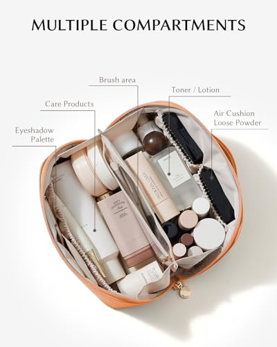 Image of EACHY Travel Makeup Bag, Large Capacity Cosmetic Bag for Women, Waterproof PU Leather, Flat Open Portable Toiletry Bag for Skincare, Brushes & Travel Essentials