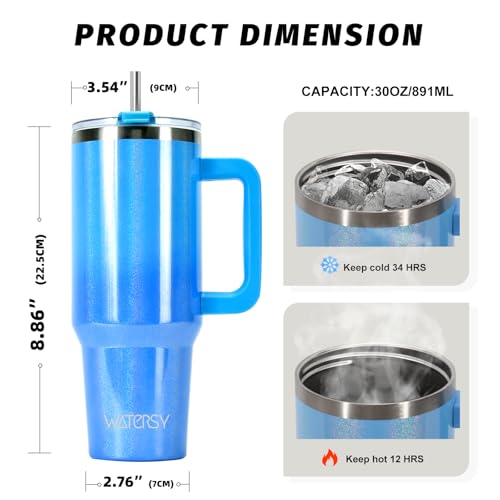Image of 30 oz Shiny Tumbler with Handle and Straw,Stainless Steel Tumbler with Lid and Straw,Insulated Travel Mug(Cold for 34 Hours),Water Bottle for Iced Tea,Coffee (Blue)