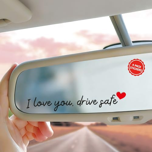4X I Love You Drive Safe Mirror Stickers, Rearview Mirror Accessories Automotive Decals Adhesive Gifts for Her, Car Accessories for Women, I Love You Gifts for Him Car Decorations (Black)