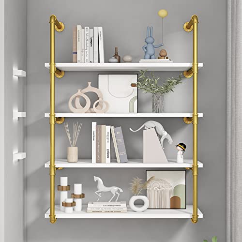 Azerpian Floating Shelves Wall Mounted Industrial Pipe Unit Metal Hung Bracket Bookshelf For Bedroom Living Room Bathroom Kitchen,Gold 4 Tier #TOP3
