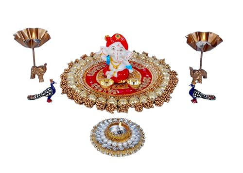 Image of Handmade Gota Patti Work Plate, Table Decor & Base for Statues, Gods, Plants, Craftsmanship with Golden Moti Detailing, Gift for Diwali, Birthdays, Housewarming (Size 11 Inches)